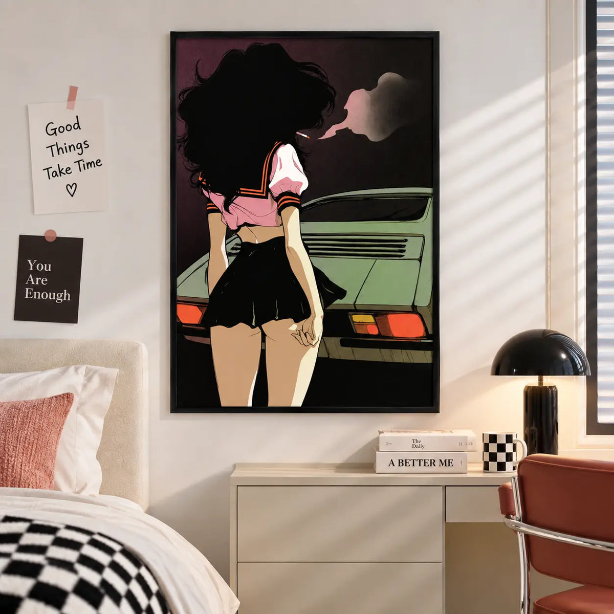 Retro Girl and Green Car Illustration Wall Art 4