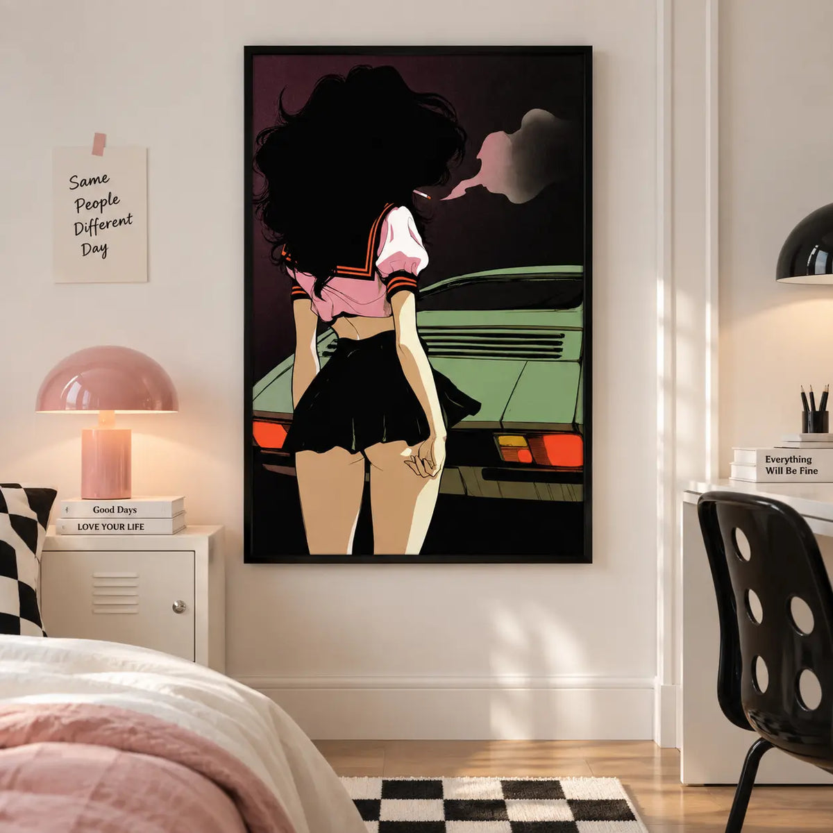 Retro Girl and Green Car Illustration Wall Art 5