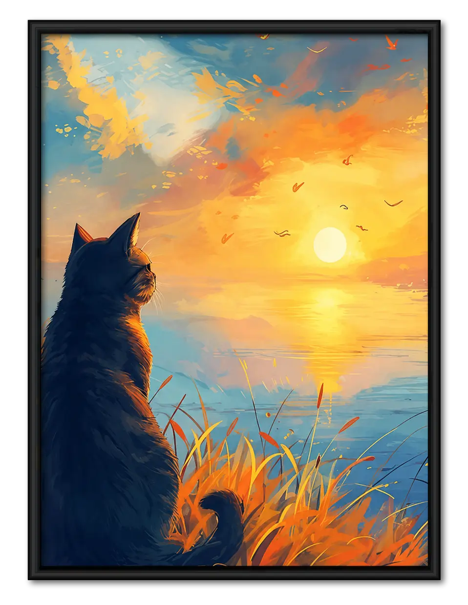 Cat Watching Sunset Lake Wall Art 1