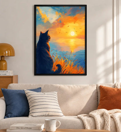 Cat Watching Sunset Lake Wall Art 2