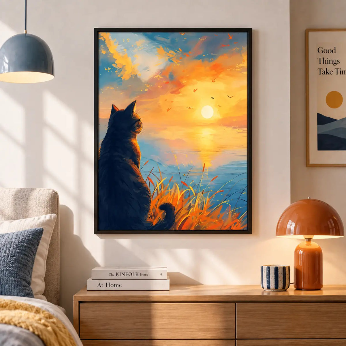 Cat Watching Sunset Lake Wall Art 3