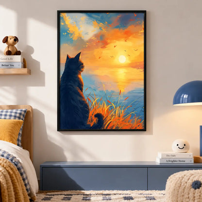 Cat Watching Sunset Lake Wall Art 4