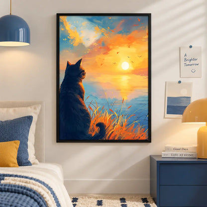 Cat Watching Sunset Lake Wall Art 6