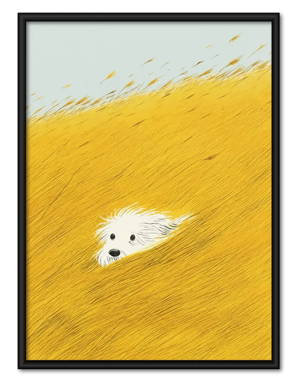 Hidden White Dog Field Illustration Wall Art