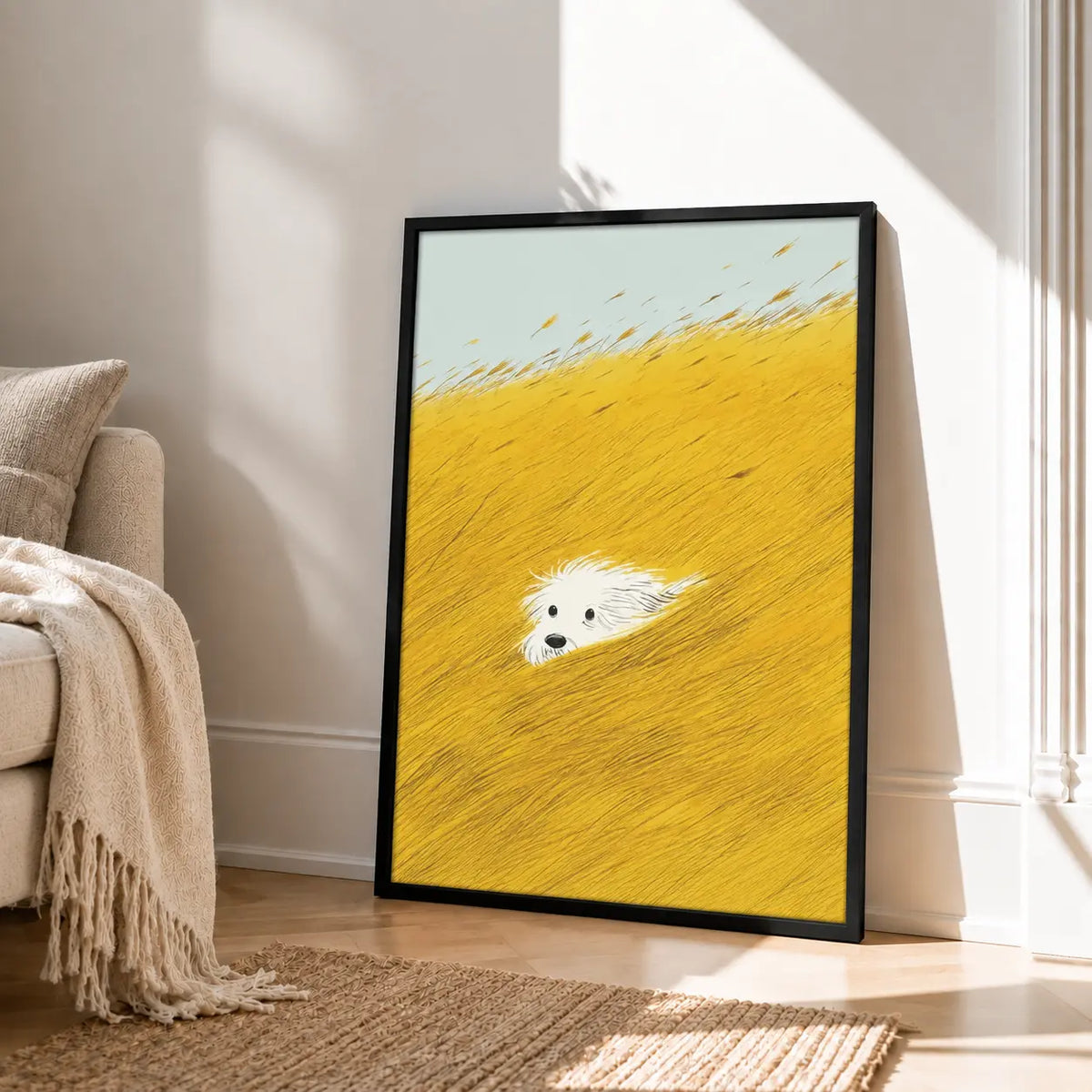 Hidden White Dog Field Illustration Wall Art 4