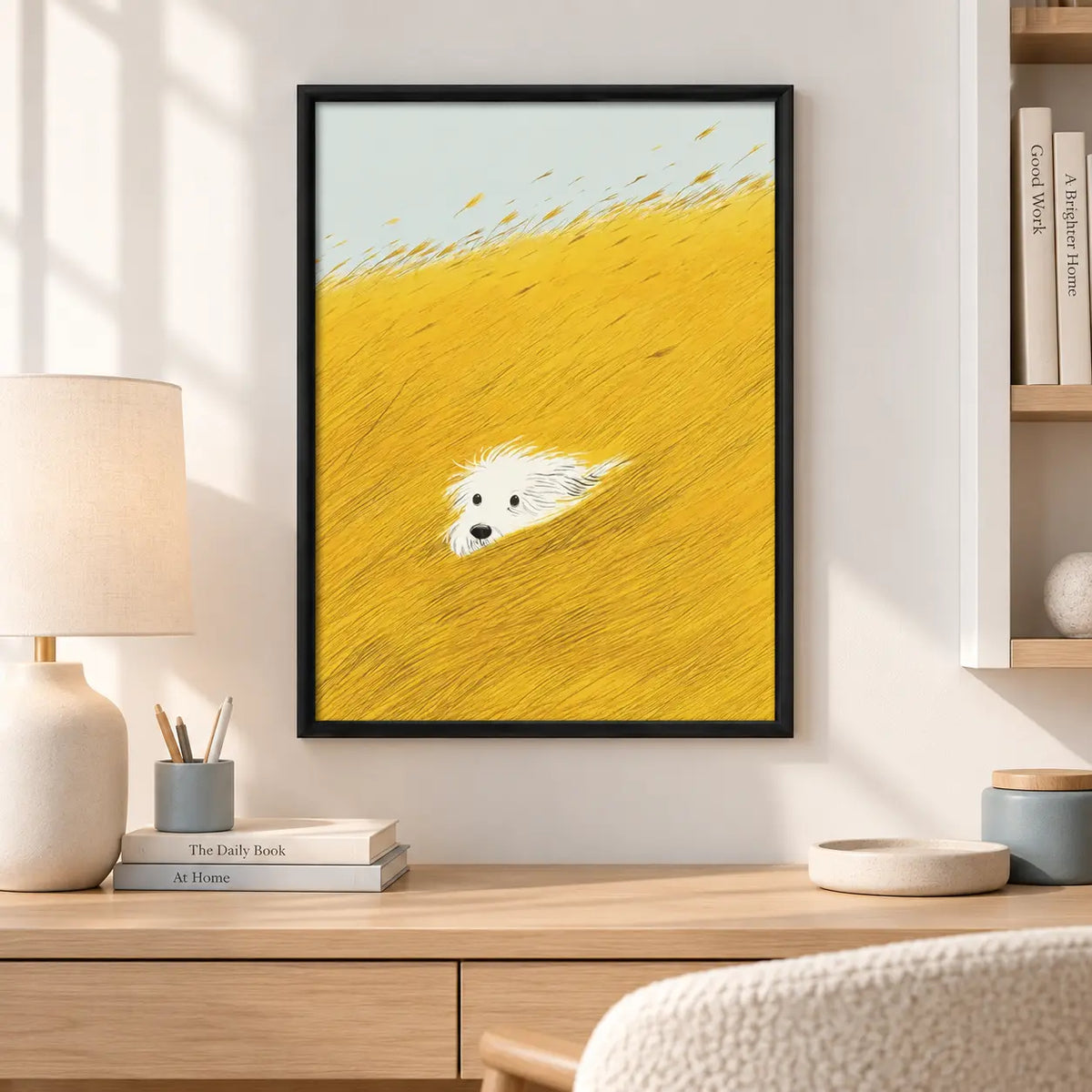 Hidden White Dog Field Illustration Wall Art 5