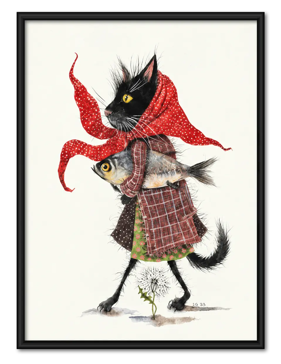 Cat in Red Scarf Artistic Illustration Wall Art 1