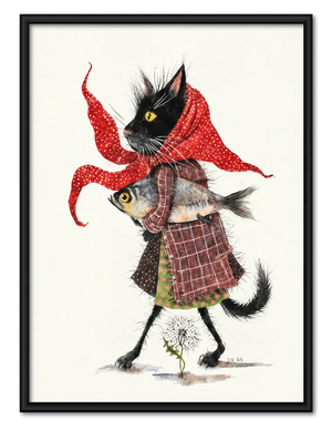 Cat in Red Scarf Artistic Illustration Wall Art