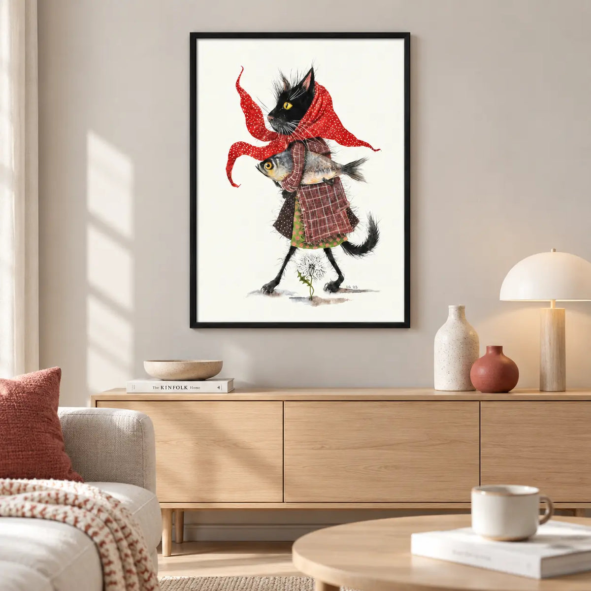 Cat in Red Scarf Artistic Illustration Wall Art 2