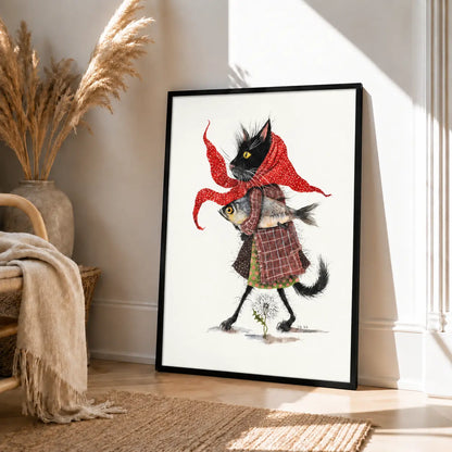 Cat in Red Scarf Artistic Illustration Wall Art 4