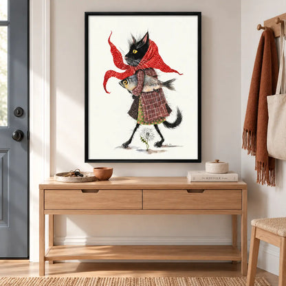 Cat in Red Scarf Artistic Illustration Wall Art 5
