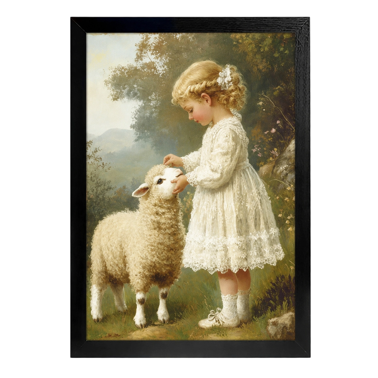 The Girl  Lamb Encounter 鈥?Pastoral Vintage Wall Art on Natural Wood Canvas | W104