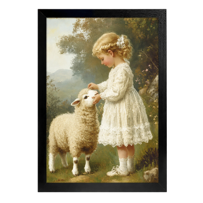 The Girl  Lamb Encounter 鈥?Pastoral Vintage Wall Art on Natural Wood Canvas | W104