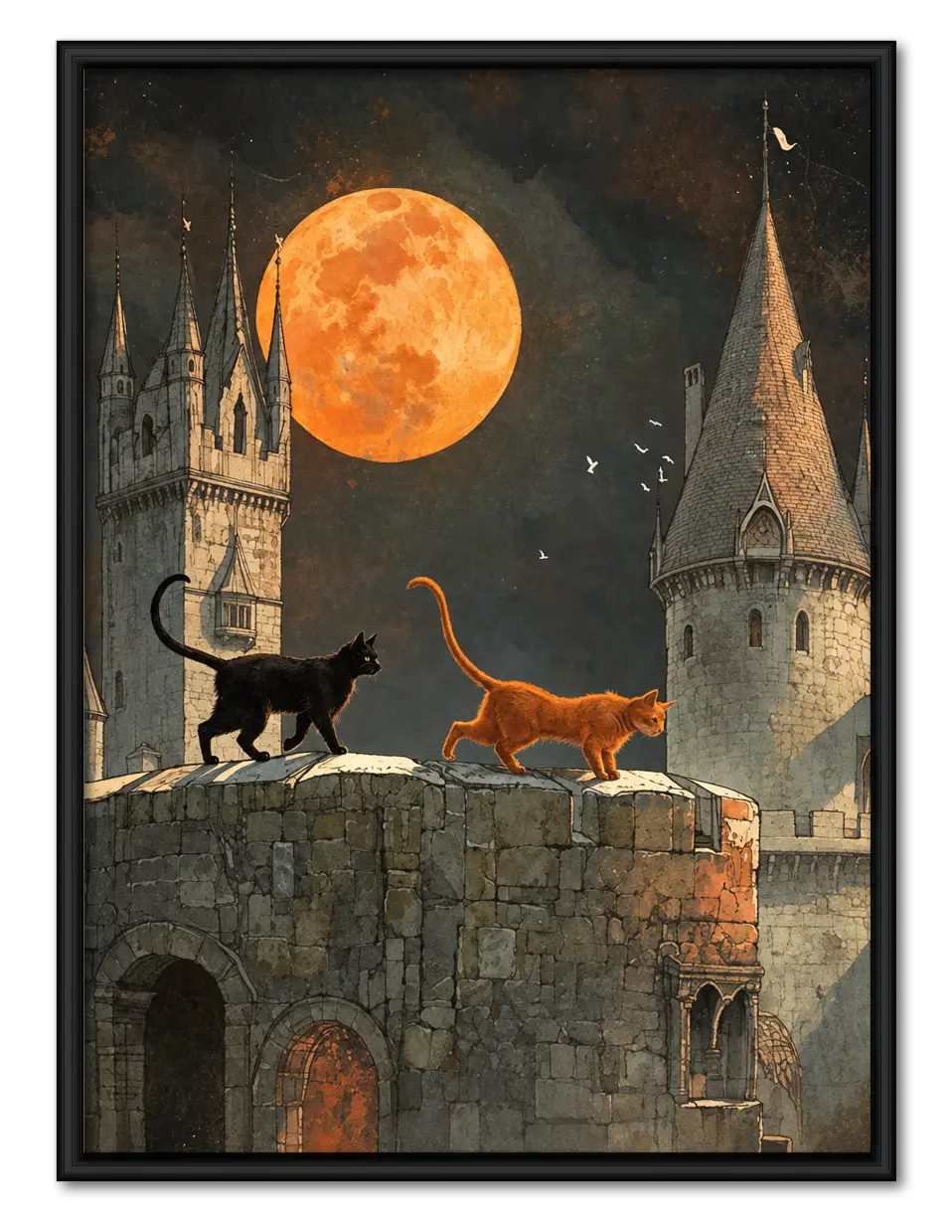 Cats Under Full Moon Castle Wall Art 1