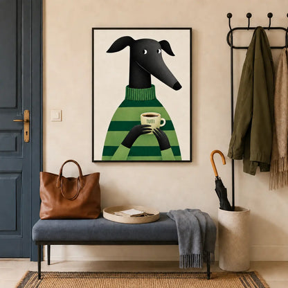 Greyhound with Coffee Wall Art - Cozy Green Sweater Print