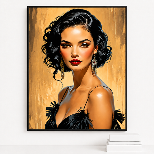 The Retro Glamour Lady 鈥?Bold Vintage Portrait Wall Art on Natural Wood Canvas | W113