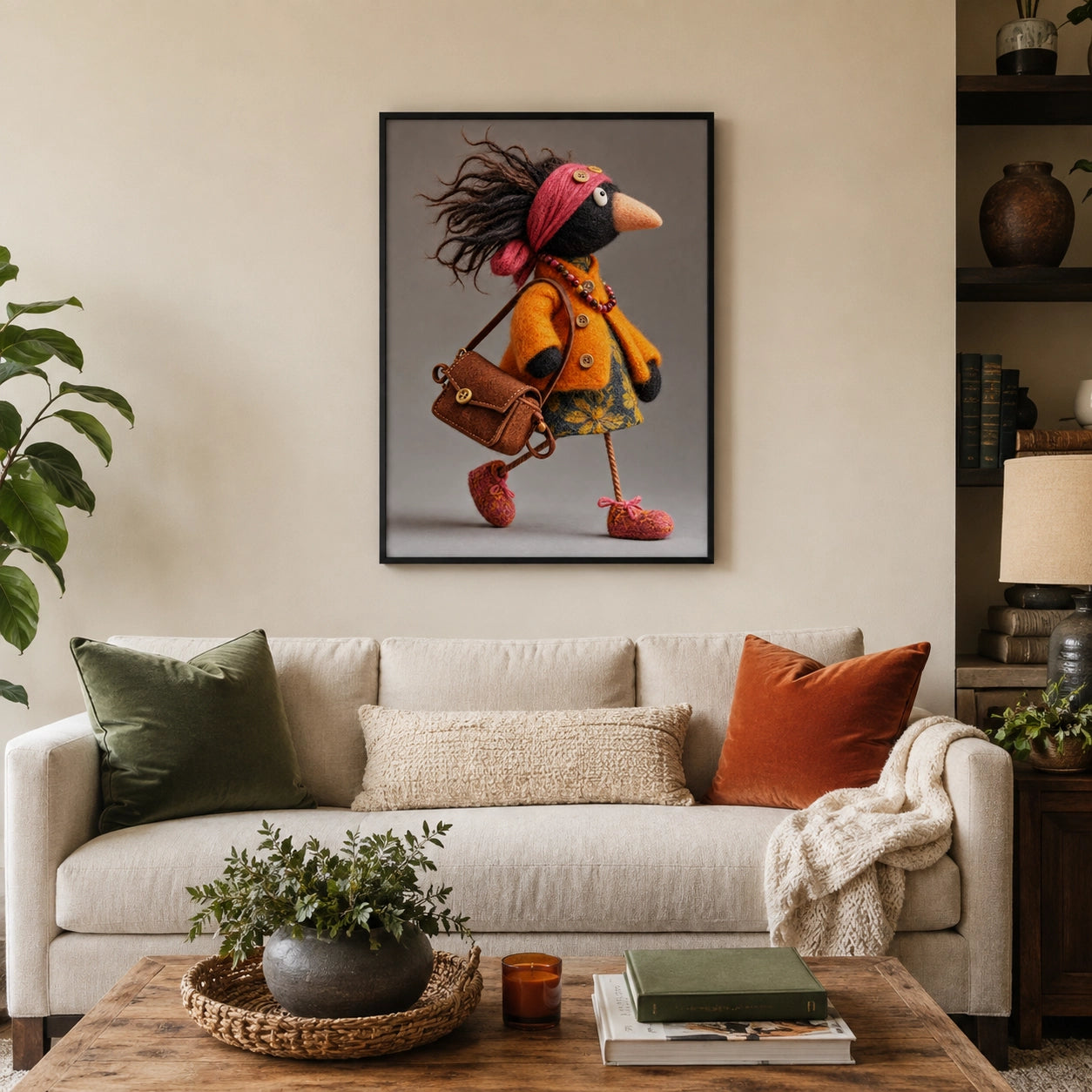 Boho Bird Lady Felt Canvas Wall Art