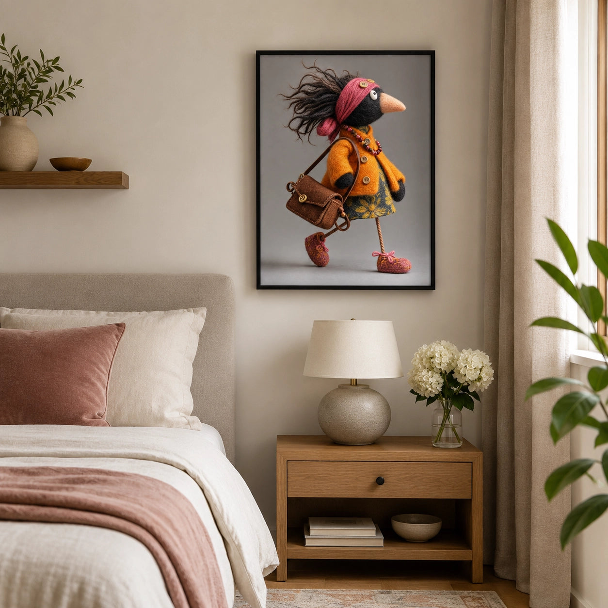 Boho Bird Lady Felt Canvas Wall Art