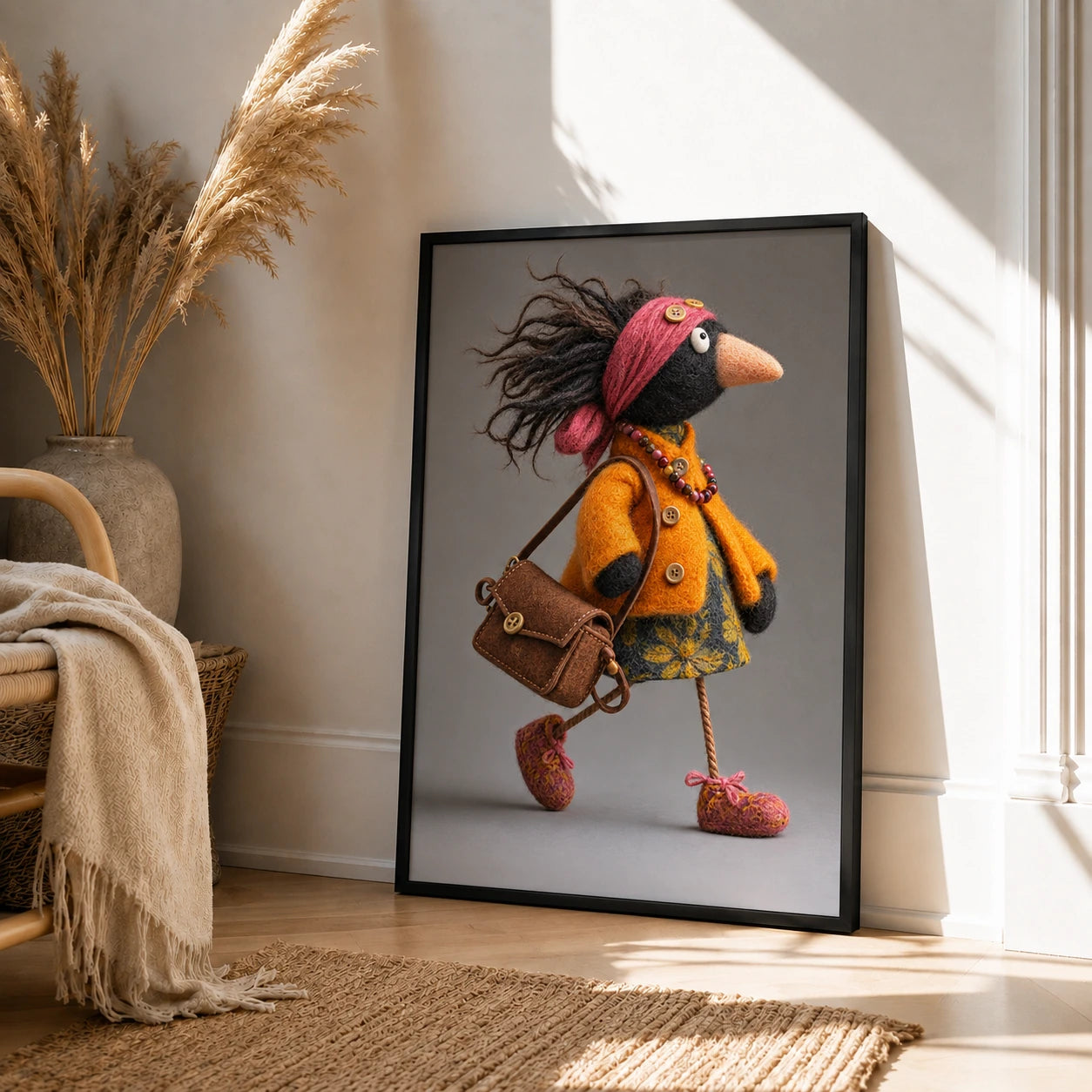 Boho Bird Lady Felt Canvas Wall Art