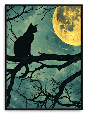 Cat Silhouette Under Full Moon Canvas Wall Art
