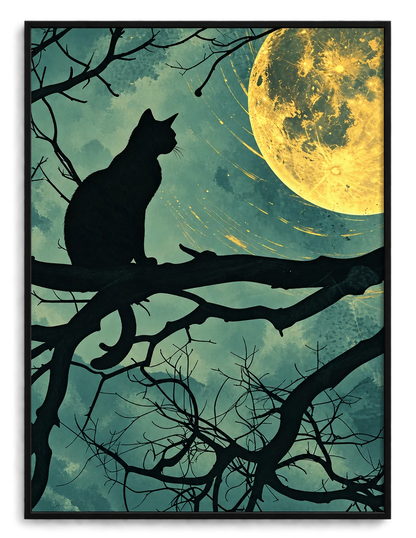 Cat Silhouette Under Full Moon Canvas Wall Art