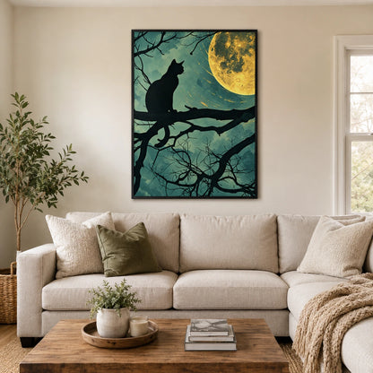 Cat Silhouette Under Full Moon Canvas Wall Art