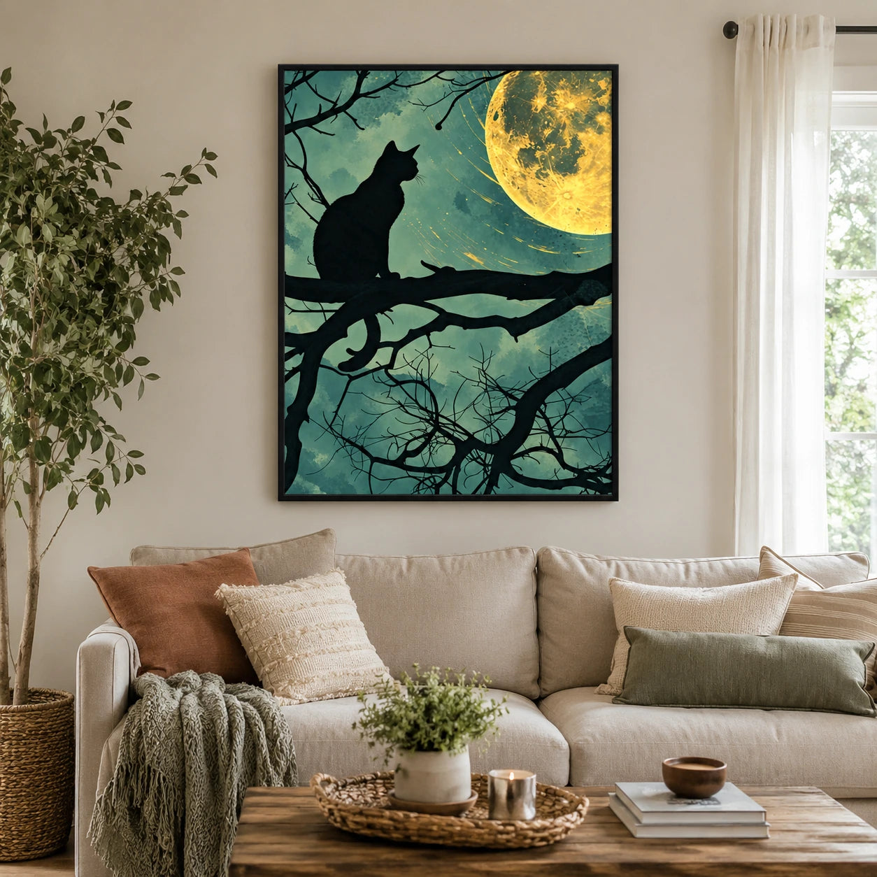 Cat Silhouette Under Full Moon Canvas Wall Art