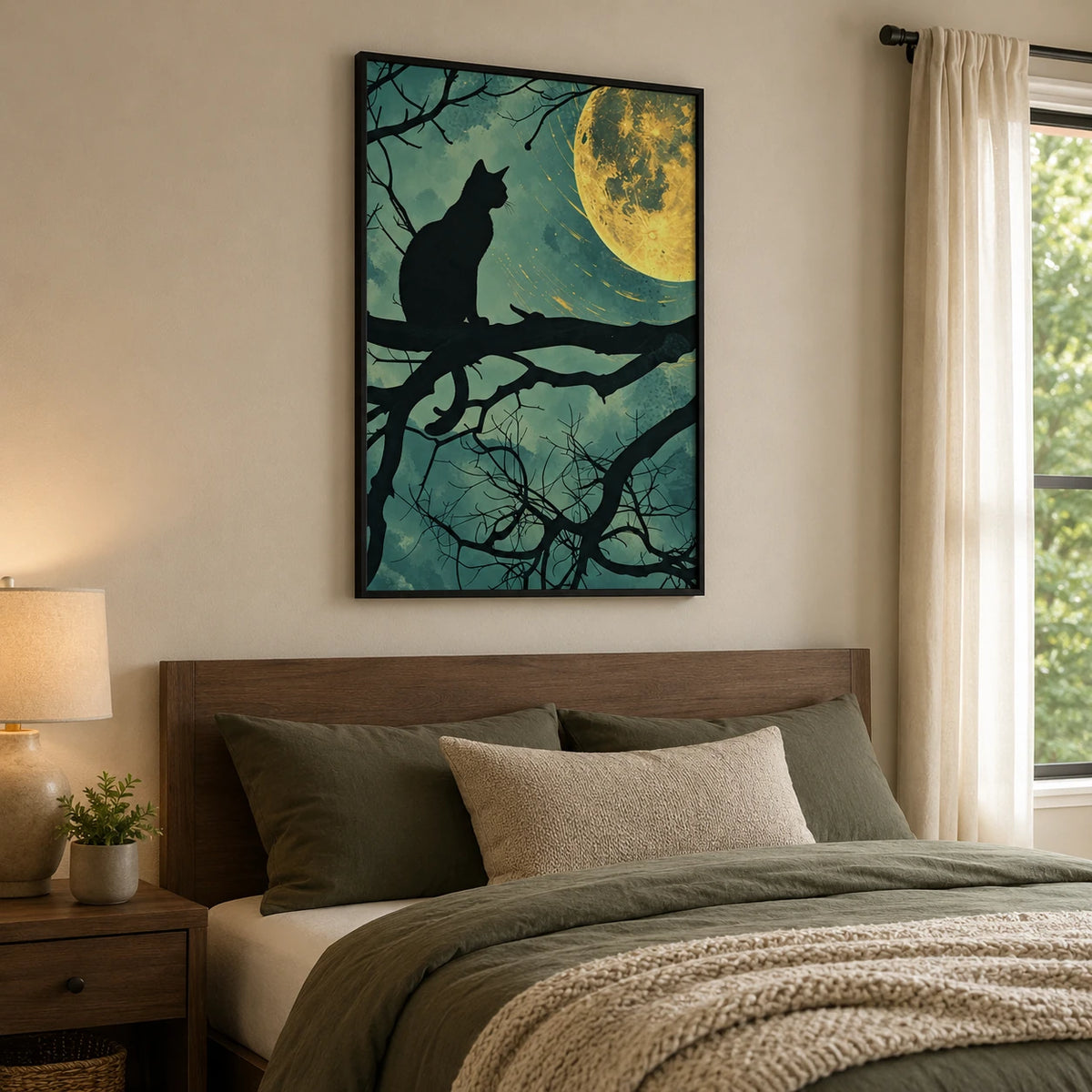 Cat Silhouette Under Full Moon Canvas Wall Art
