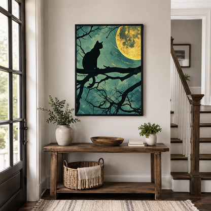 Cat Silhouette Under Full Moon Canvas Wall Art
