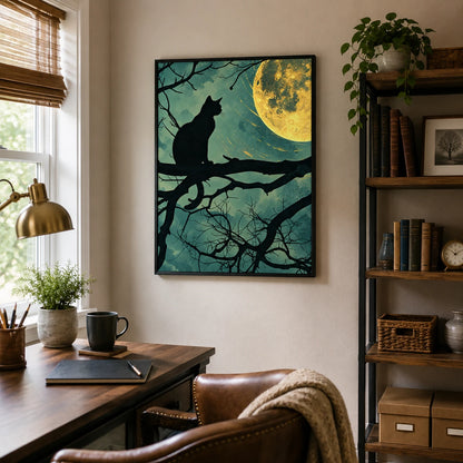 Cat Silhouette Under Full Moon Canvas Wall Art