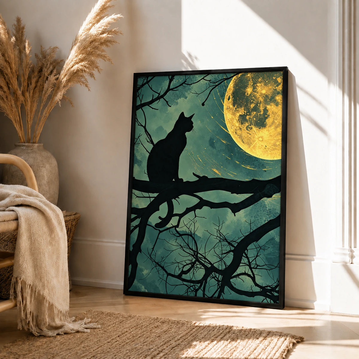 Cat Silhouette Under Full Moon Canvas Wall Art