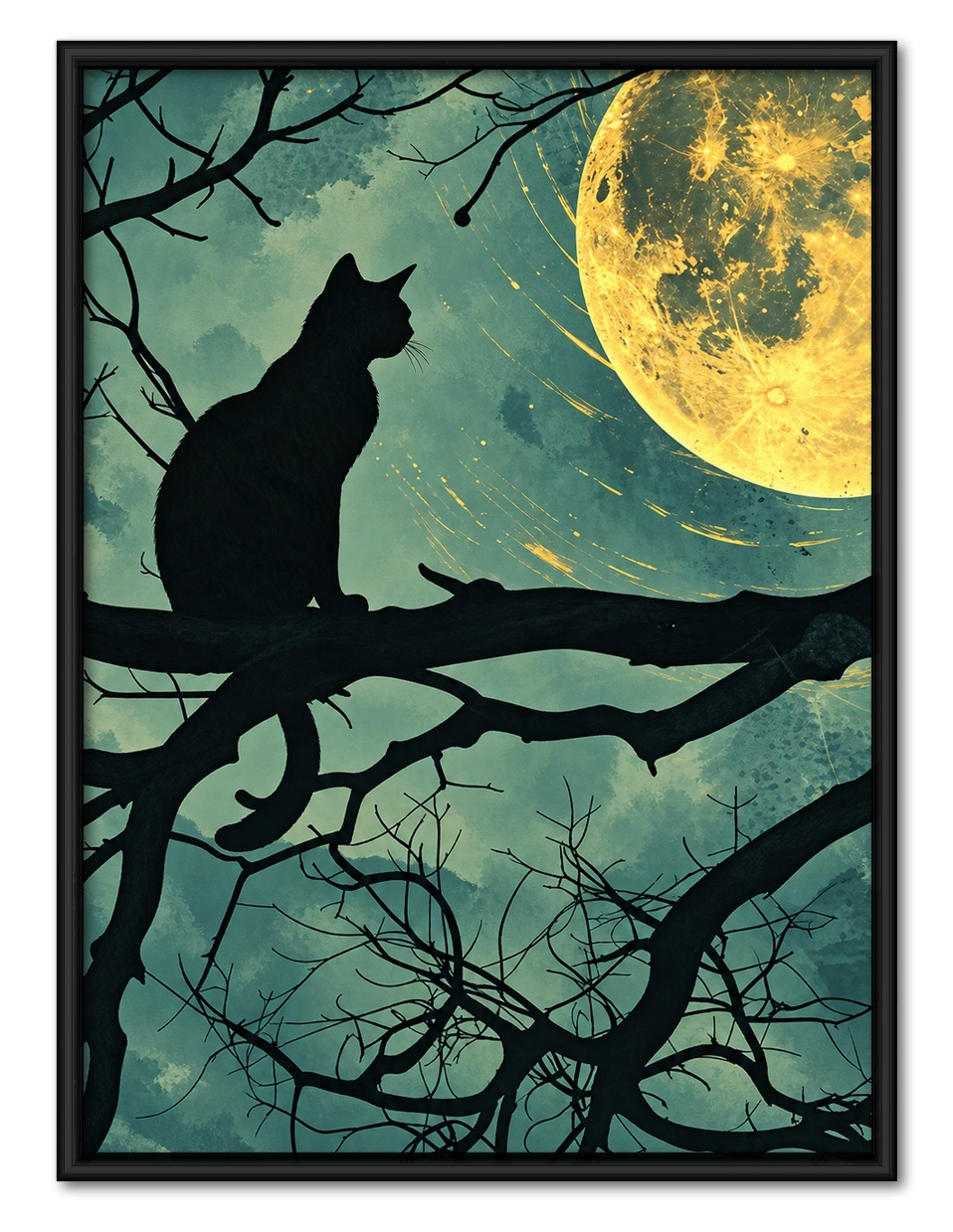 Cat Silhouette Under Full Moon Canvas Wall Art