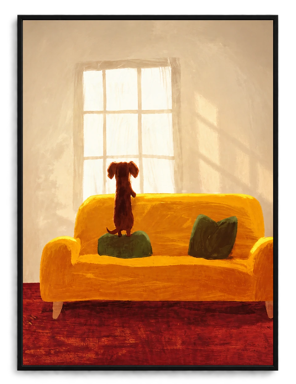 Cozy Dachshund on Sofa Wall Art – Warm Home Scene Dog Canvas Print on Natural Wood Frame