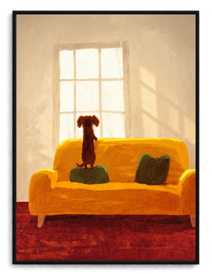 Cozy Dachshund on Sofa Wall Art – Warm Home Scene Dog Canvas Print on Natural Wood Frame