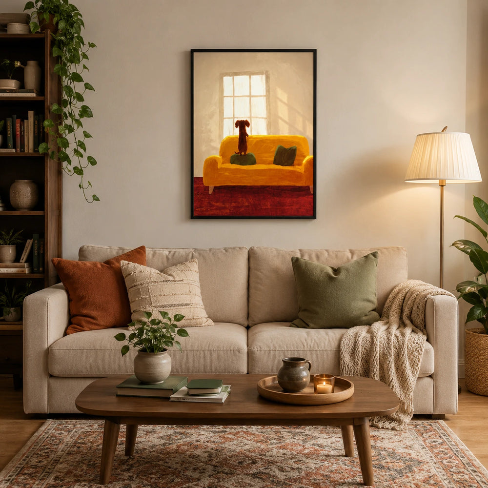 Cozy Dachshund on Sofa Wall Art – Warm Home Scene Dog Canvas Print on Natural Wood Frame