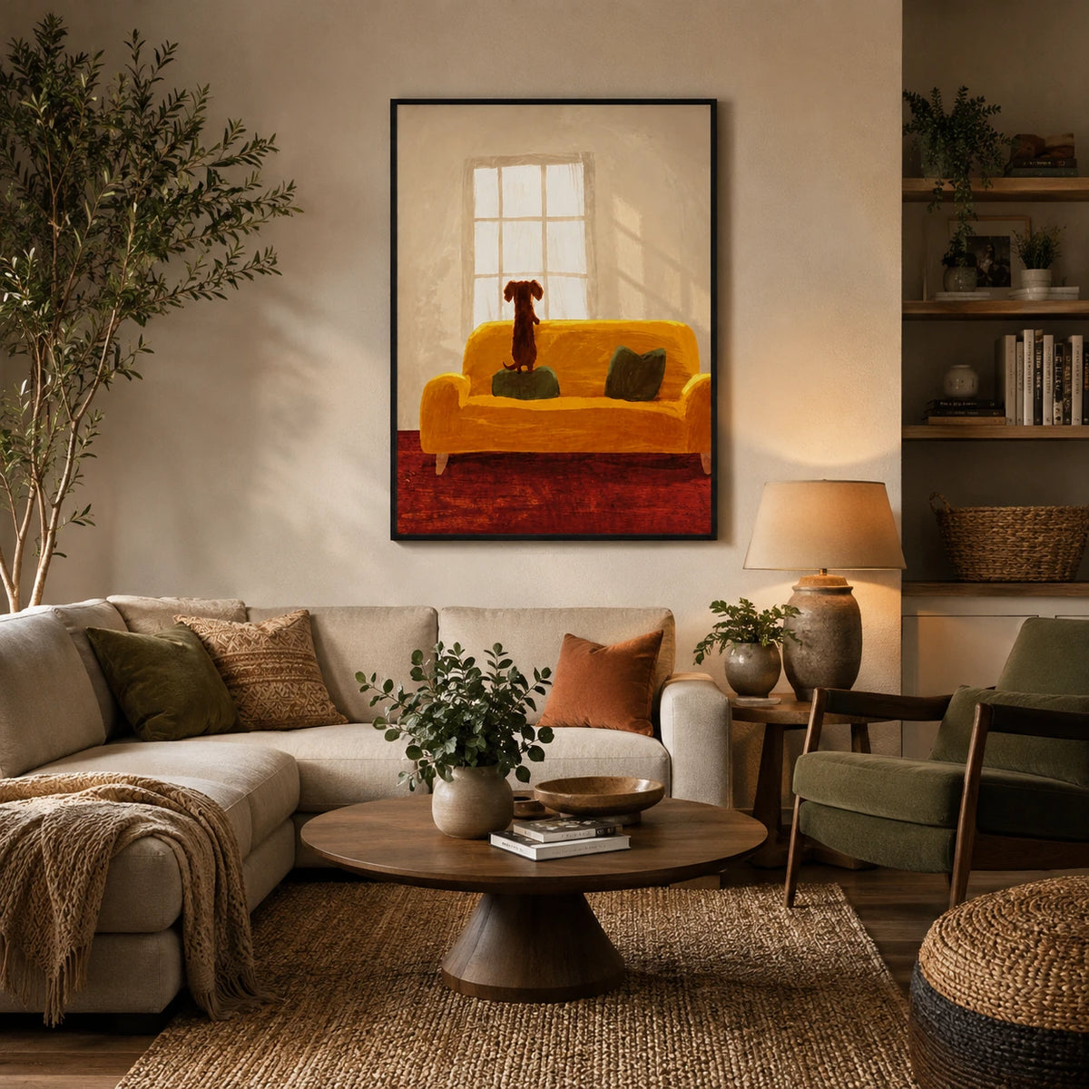 Cozy Dachshund on Sofa Wall Art – Warm Home Scene Dog Canvas Print on Natural Wood Frame