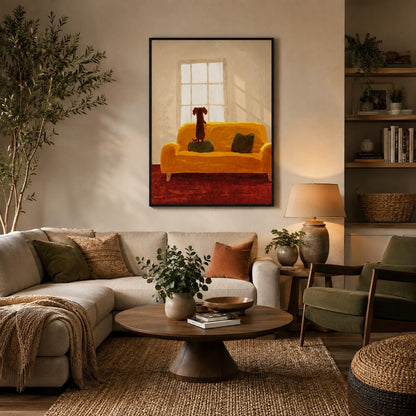 Cozy Dachshund on Sofa Wall Art – Warm Home Scene Dog Canvas Print on Natural Wood Frame