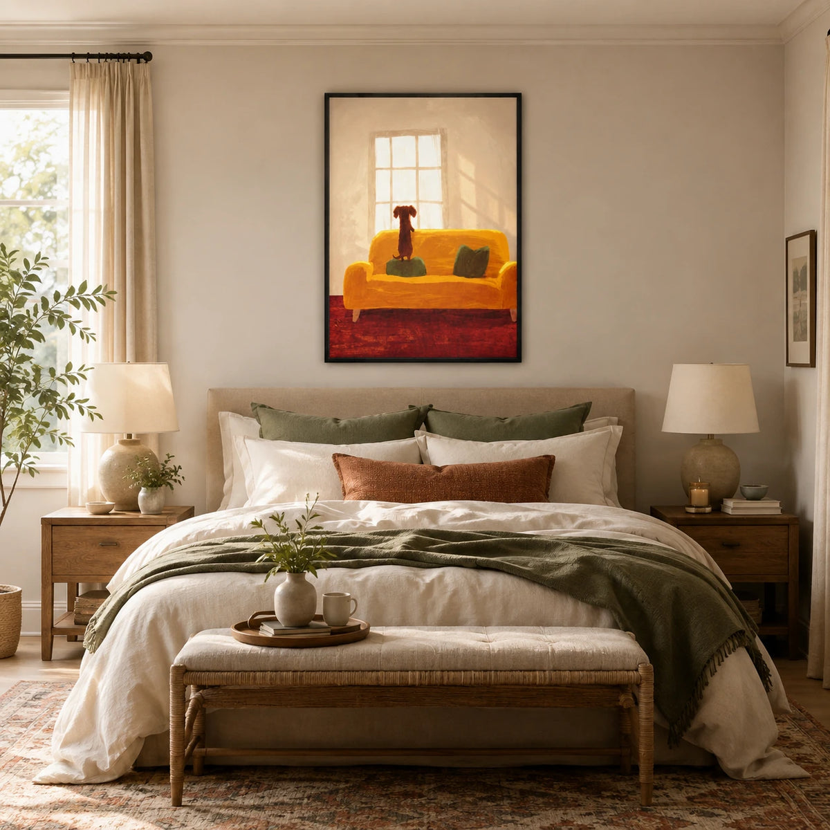 Cozy Dachshund on Sofa Wall Art – Warm Home Scene Dog Canvas Print on Natural Wood Frame