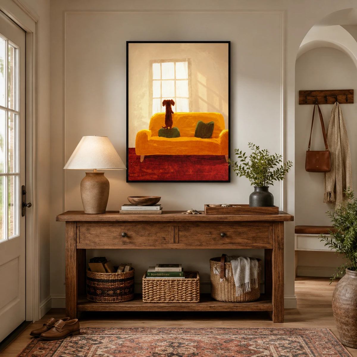 Cozy Dachshund on Sofa Wall Art – Warm Home Scene Dog Canvas Print on Natural Wood Frame
