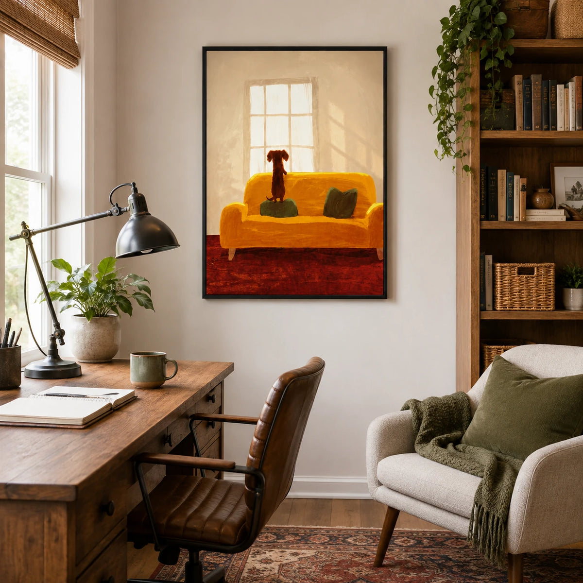 Cozy Dachshund on Sofa Wall Art – Warm Home Scene Dog Canvas Print on Natural Wood Frame