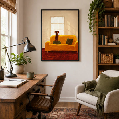 Cozy Dachshund on Sofa Wall Art – Warm Home Scene Dog Canvas Print on Natural Wood Frame