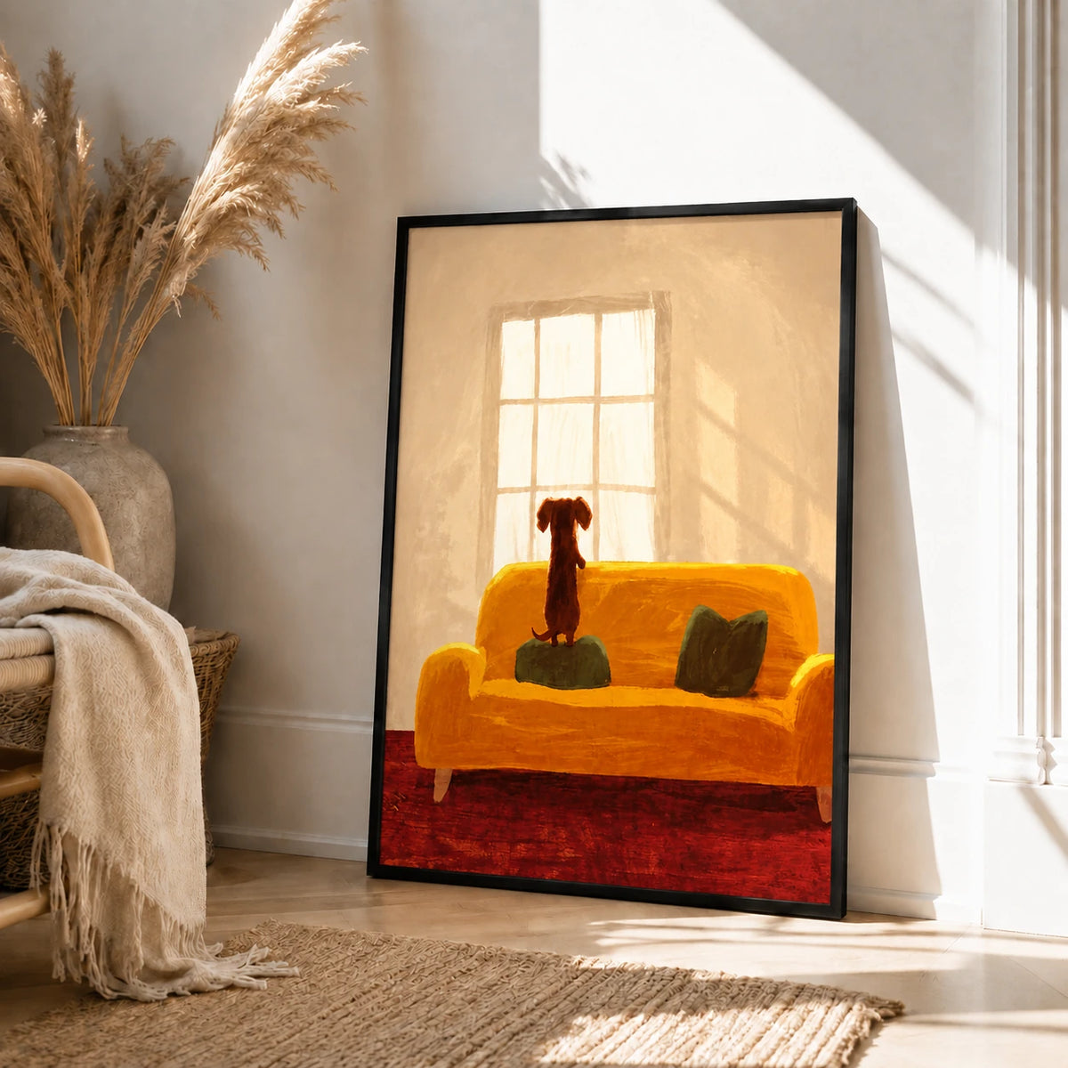 Cozy Dachshund on Sofa Wall Art – Warm Home Scene Dog Canvas Print on Natural Wood Frame