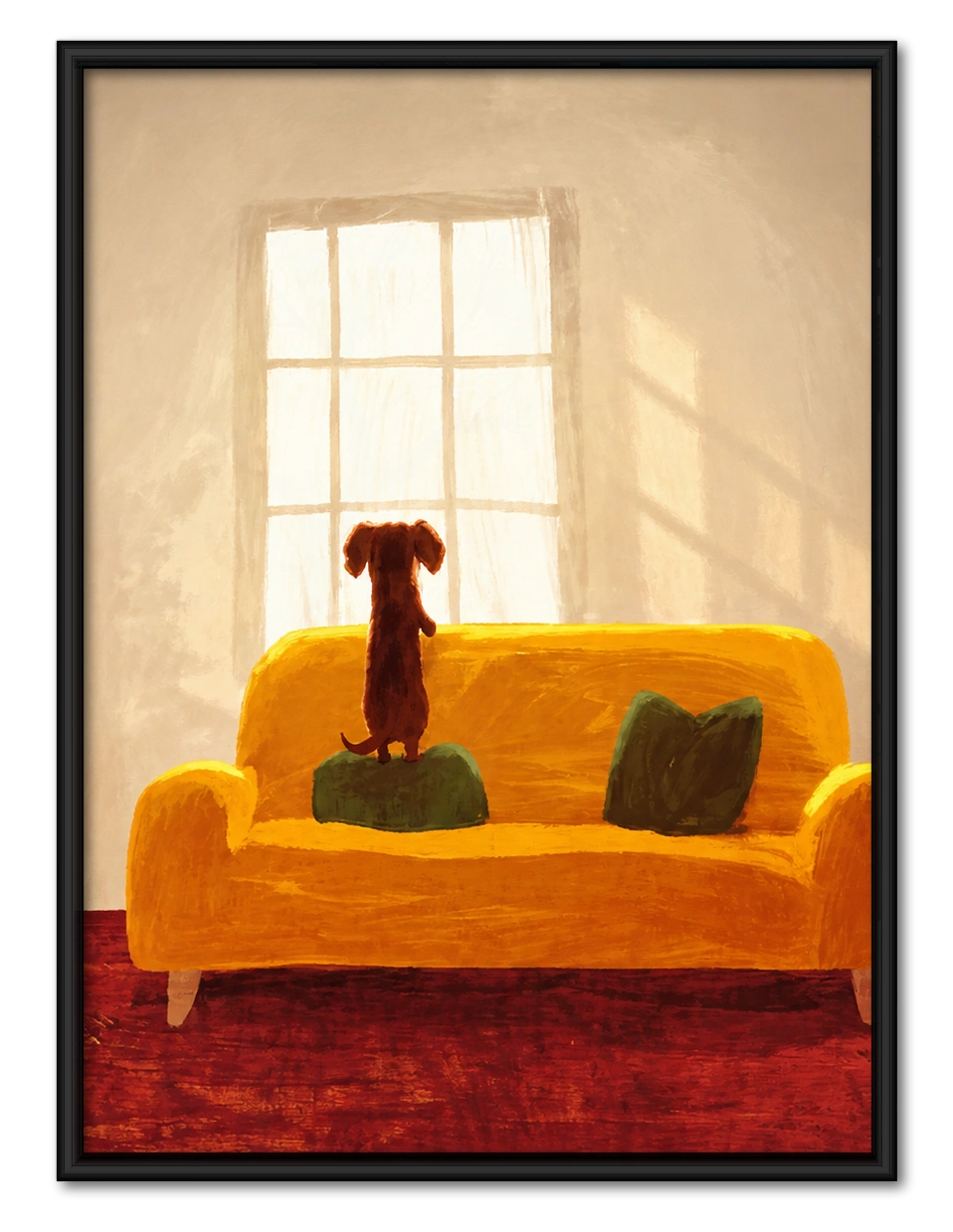 Cozy Dachshund on Sofa Wall Art – Warm Home Scene Dog Canvas Print on Natural Wood Frame