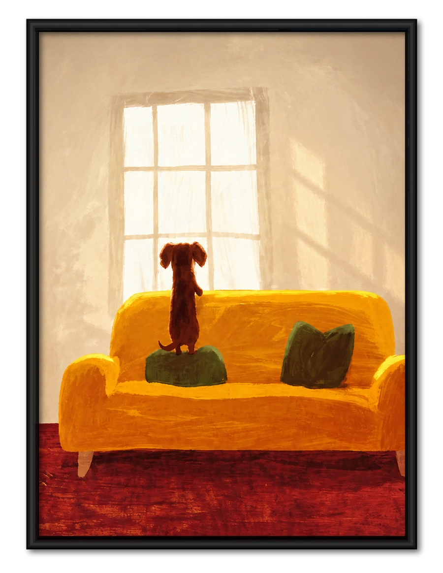 Cozy Dachshund on Sofa Wall Art – Warm Home Scene Dog Canvas Print on Natural Wood Frame
