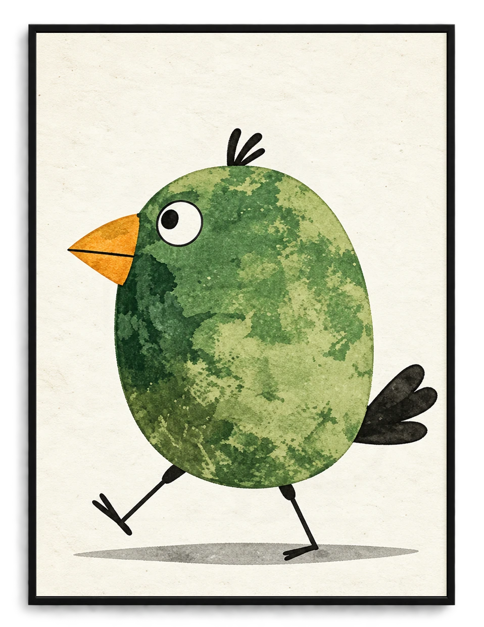 Cute Green Bird Watercolor Whimsical Canvas Wall Art