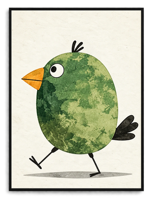Cute Green Bird Watercolor Whimsical Canvas Wall Art