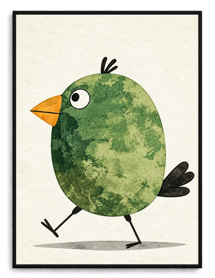 Cute Green Bird Watercolor Whimsical Canvas Wall Art