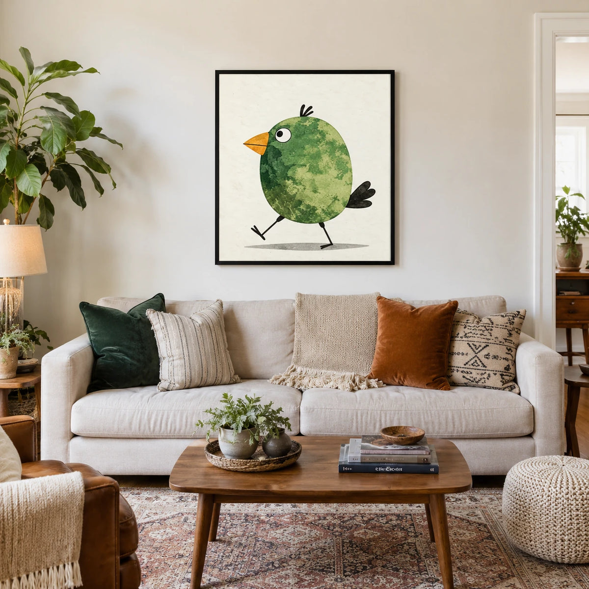 Cute Green Bird Watercolor Whimsical Canvas Wall Art