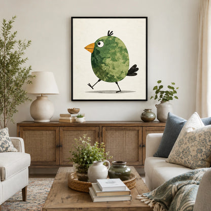 Cute Green Bird Watercolor Whimsical Canvas Wall Art