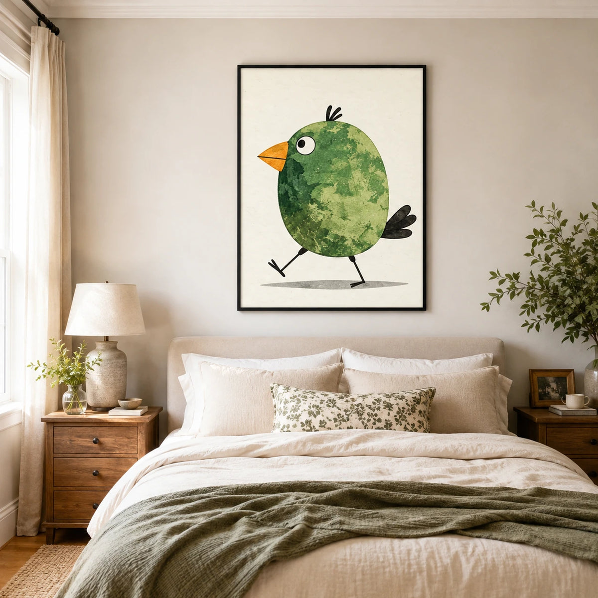 Cute Green Bird Watercolor Whimsical Canvas Wall Art